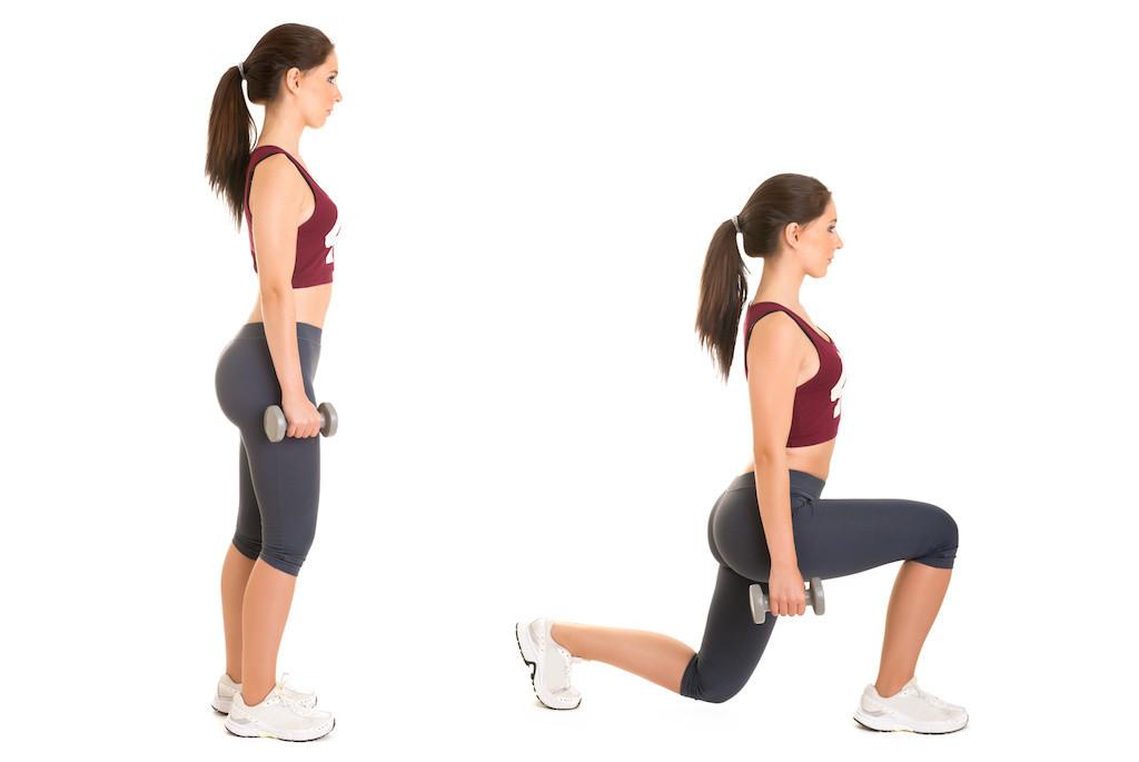 Woman doing lunges isolated in a white background